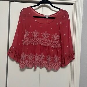 American Eagle Boho Embroidered Eyelet Tassel Bell Sleeve Blouse Pink XS